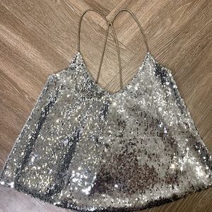 STATEMENT Silver Sequin Cami with Gold hardware Straps
